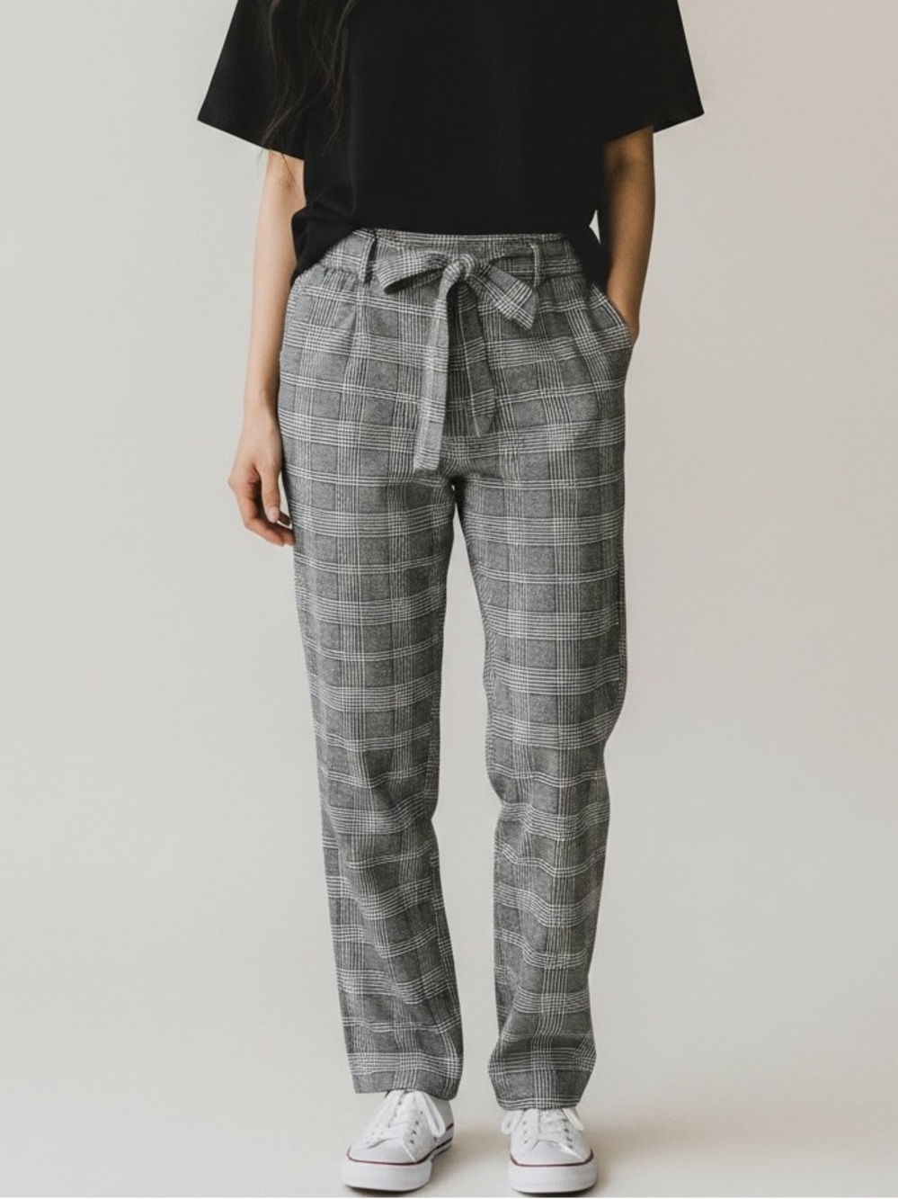 Women's Plaid Straight-Leg Tie-Waist Pants - Gray